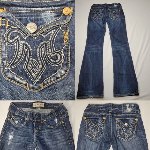 25 MEK OAXACA DISTRESSED BOOT FLARE WIDE miss me buckle  embroidered JEANS - Picture 1 of 16
